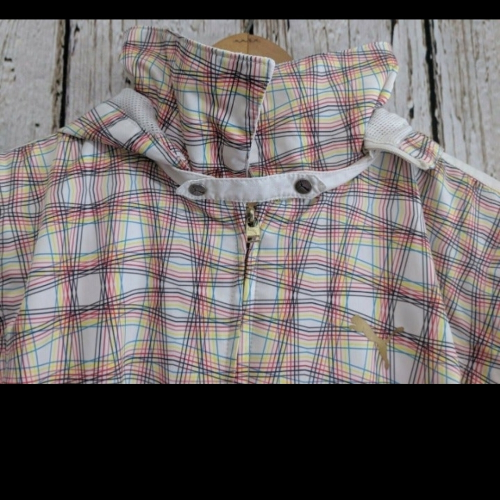 Puma Plaid Teddy Jacket in Cream with Pink & Brown Accents - Picture 4 of 7
